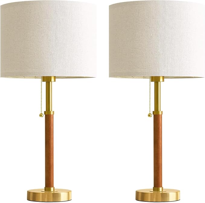22" Wood Table Lamps Mid Century Modern Lamp for Bedroom Living Room Bedside Lamps for Night Stands Nightstand Lamp with Pull Chain Gold Small Side End Table Lamps Set of 2 Vintage Deco Gifts - Image 8