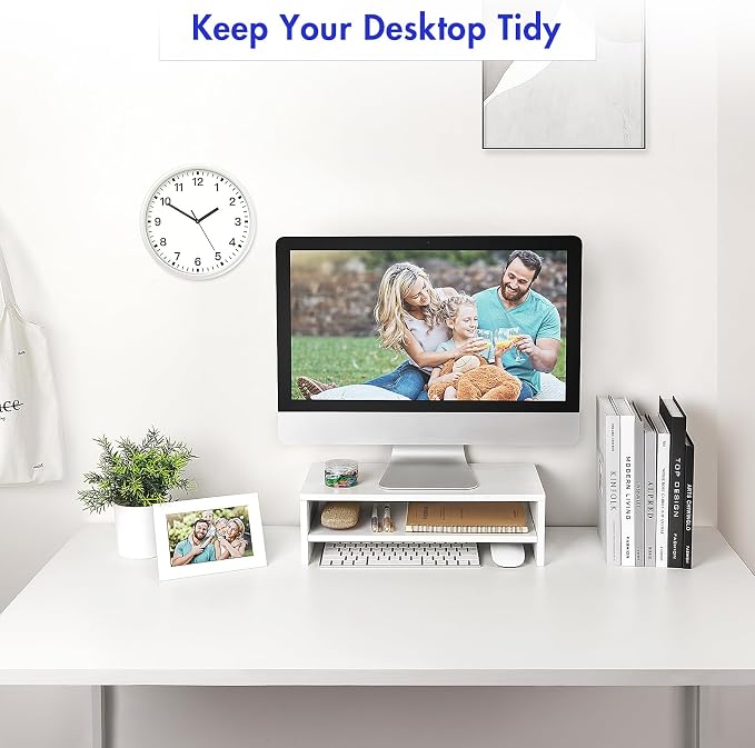 BEYGORMMonitor Stand Riser, White, 16.5 inch, 2 Tiers Wood Desk Shelf | Computer Screen Stand with Storage, For Desktop Laptop/Screen/TV/PC/Printer 16.5"L x 7.8"W x 5.2"H - Image 4