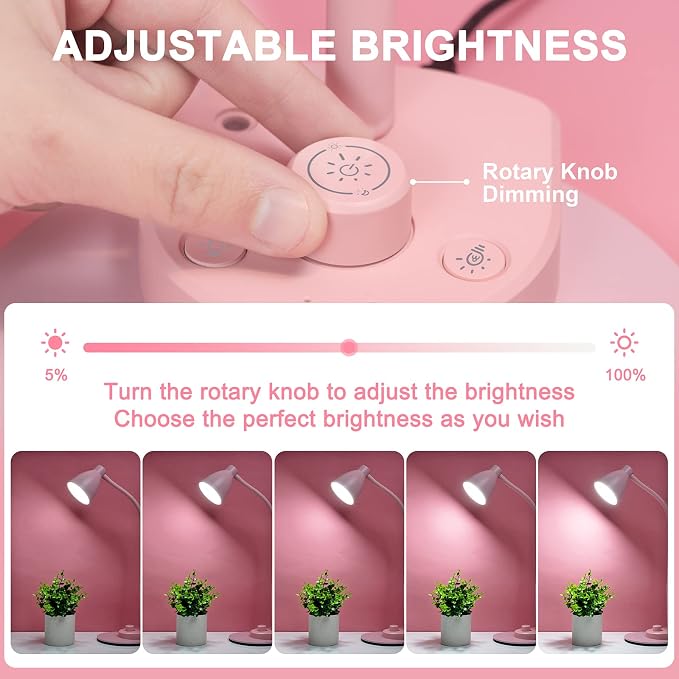 BOHON Cute Desk Lamp with USB Charging Port, 3 Color Modes Dimmable, Pink | Pink Lamp LED Reading Lamp, Flexible Neck Auto Dimming Table Task Light for Home Office Dorm Bedside - Image 3