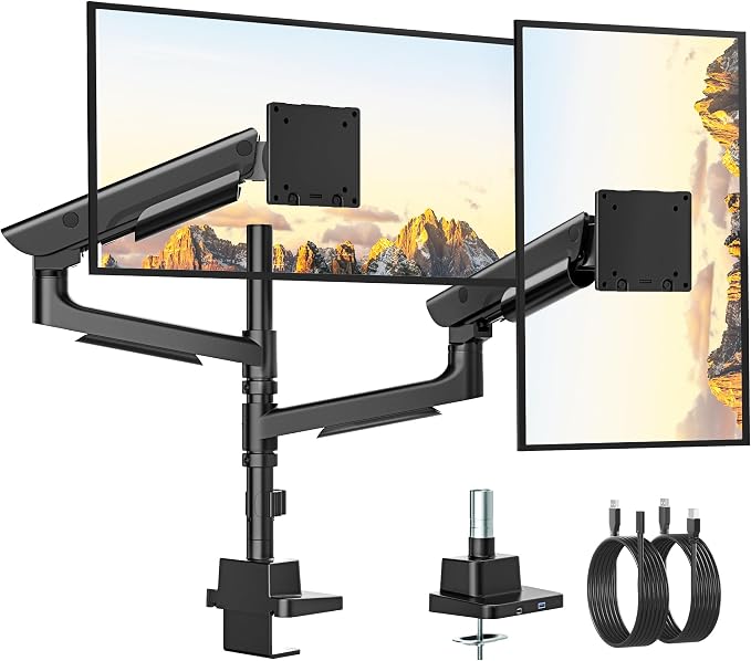 monTEK Dual Ultrawide Monitor Arm for 17-57" Screens, USB, Black | USB-A/C ports, pneumatic lift, quick-release VESA 75/100 plates, clamp/grommet bases and hidden cable routing by monTEK