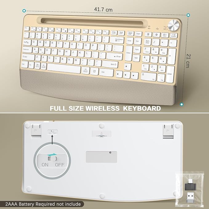 JOYACCESS Ergonomic Wireless Keyboard and Mouse Combo, Full-Sized Keyboard with Wrist Rest and Tablet Holder, Volume Roller for Computer PC Laptop-Gold&White - Image 6
