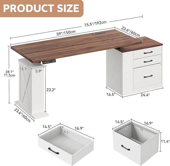 75.5 Inches Electric Standing Desk with Drawers Farmhouse Sit Stand Desk with Storage Adjustable Height Computer Desk with Power Outlets Printer Space for Home Office White and Walnut - Image 2