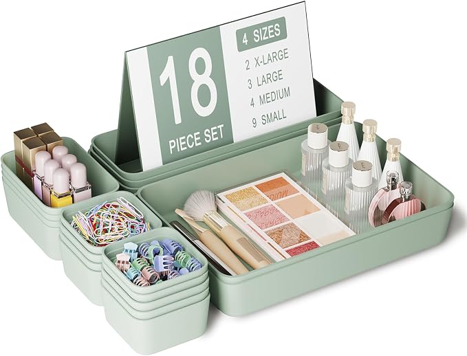 Drawer Organizers Bins 18 PCS for Bathroom Makeup Desk Office | with Non-slip Pads, 4 Sizes, Plastic Tray, Vanity Organizer, Kitchen Utensils Organizer by Homhut