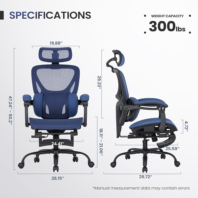MALOL Ergonomic Mesh Office Chair with Footrest, Executive High Back Computer Desk Chair with 3D Adjustable Headrest & 5-Level Lumbar Support, Reclining Tilt Lock, 3D Arms, 300LBS Capacity, Blue - Image 3