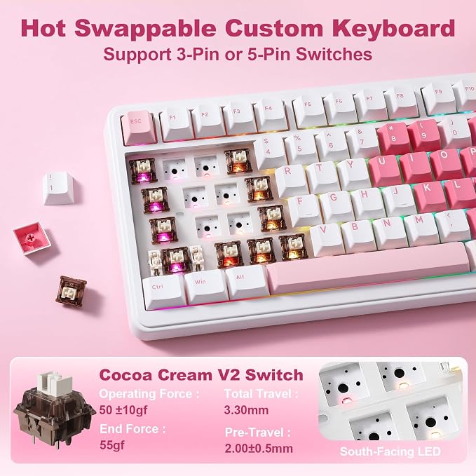 YUNZII B75 PRO MAX 75% Mechanical Keyboard (White Heart,Cocoa V2) | QMK/VIA, Wireless Keyboard with Screen and Knob, Custom Hot Swap, Gasket Mount, Creamy Switches, RGB for Gaming/Win/Mac - Image 5