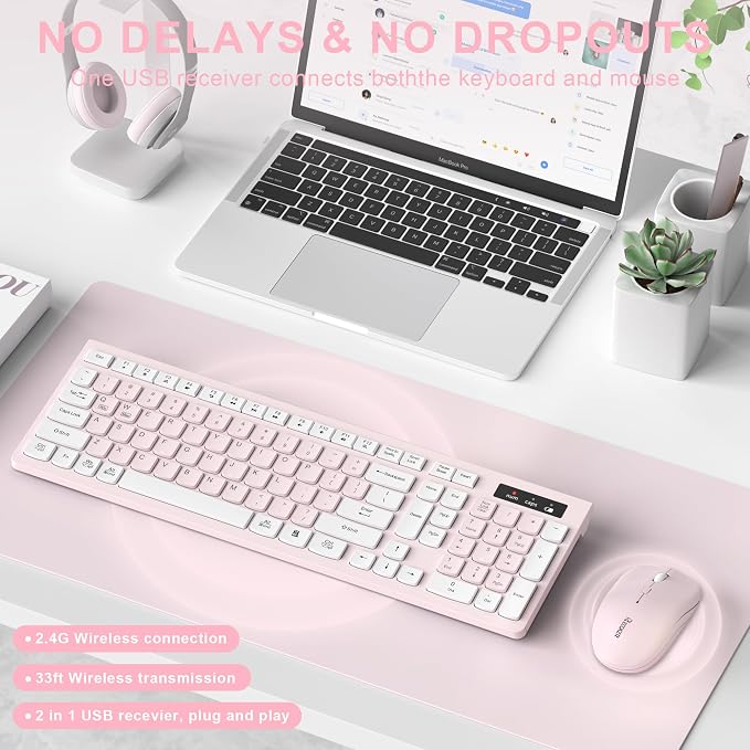Wireless Keyboard and Mouse Combo, Reccazr 2.4G Full-Sized Keyboard and Mouse Cordless, 3 DPI Adjustable Mouse, Dual-System Keyboard for Computer/Laptop/Windows/Mac (Pink & White) | Silent 2.4G Full Size Cordless Keyboard with Tilt Legs,3-Level DPI Qui... - Image 2