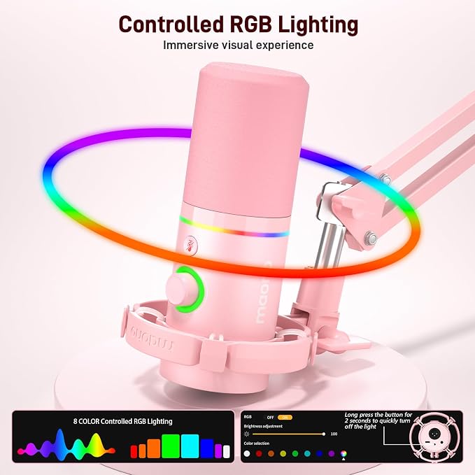 MAONO PD200XS XLR/USB Dynamic Microphone Kit, RGB Gaming Mic with Software | PC Mic with Mute, Gain Knob, Volume Control, Boom Arm for Streaming, Gaming, Podcasting, Voice-Over, Recording, Pink - Image 4