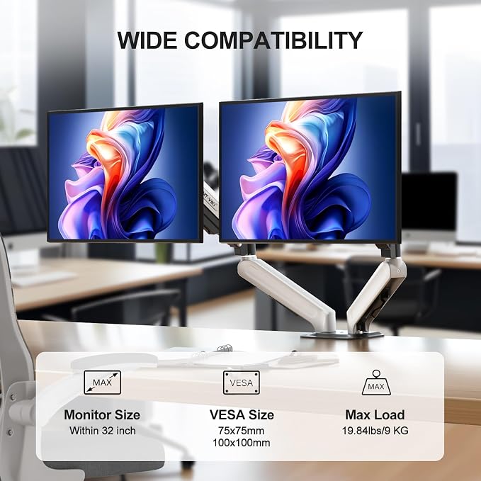 MT-VIKI Dual Monitor Stand - Gas Spring Double Monitor Arm with Quick Release VESA Plates for 2 Screens 17-32 Inch, Full Motion Articulating Desk Mount, Holds 4.4-19.8lbs - Image 2