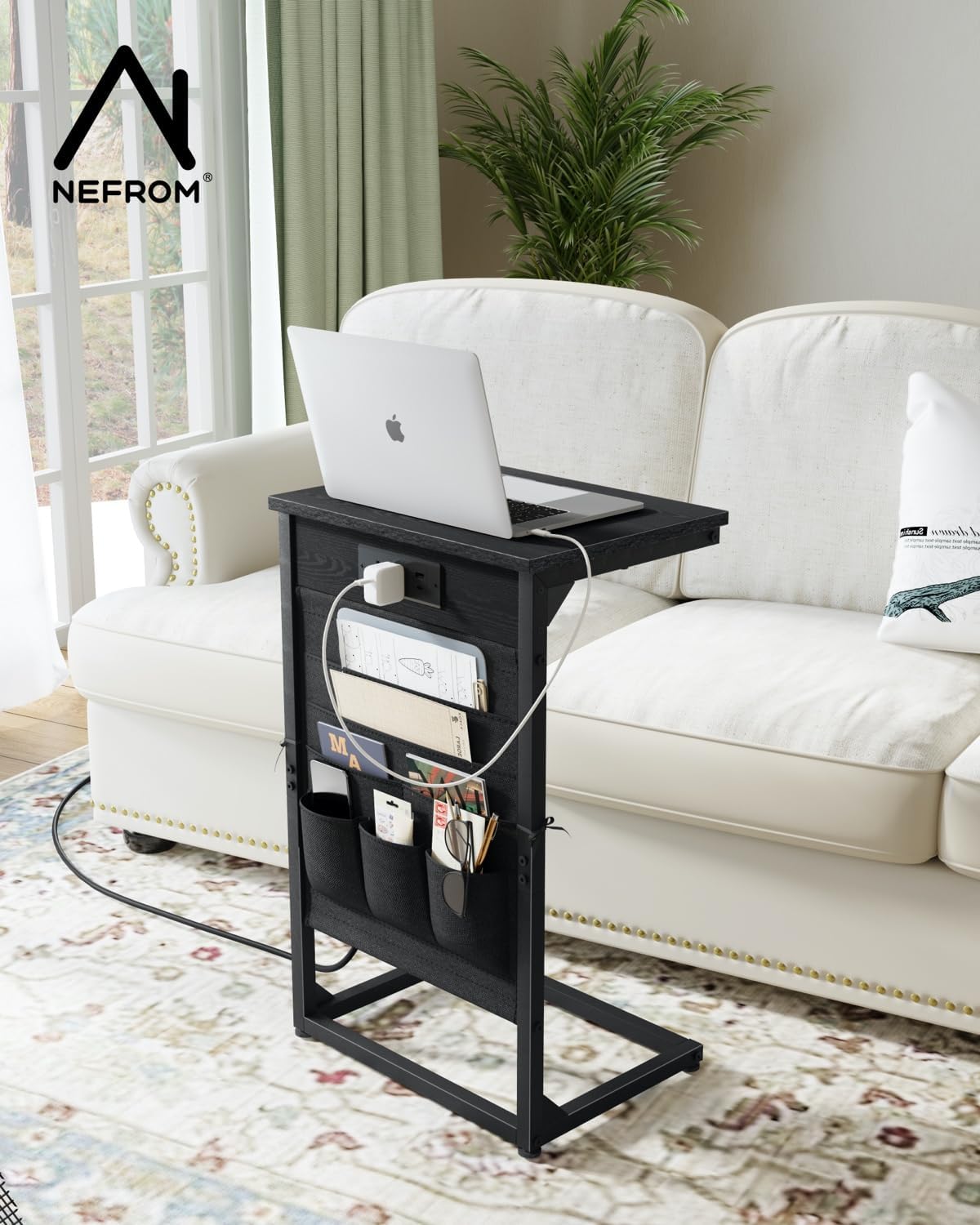C-Shaped End Tables Set of 2, Small Couch Side Table with Fast-Charging Station, Sofa TV Tray Table with Storage Bag for Living Room, Bedroom, Bedside ET-BK-W2 - Image 2
