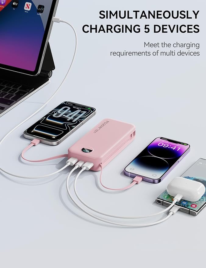 Nusyddy Portable Charger 20000mAh Fast Charging w/Built-in Wall Plug Pink | PD20W Fast Charging, High Capacity, LED Display, Charge 5 Devices at once, TSA Approved, Compatible with iPhone/Samsung - Image 6