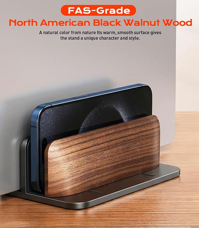 JCZT Vertical Laptop Stand, Walnut Dual Laptop Holder, Black | with Adjustable Aluminum Alloy Base Laptop Stand for All MacBok/Surface/Samsung/HP/Dell/Chrome Book Laptops (Up to 17.3 inch) - Image 3