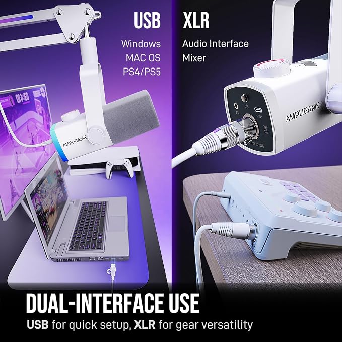 FIFINE AM8PROTW Streaming Microphone Kit for Gaming, XLR/USB Dynamic Mic | PC Microphone with RGB Boom Arm Stand, Mute Tap, 3-in-1 Volume Knob, Audio Balance, for Podcast Vocal, White - Image 3