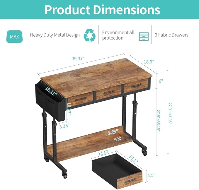 WINAZ Rolling Standing Desk Adjustable Height with Drawers on Wheels, 40 Inch Portable Mobile Stand Up Computer Desks for Bedroom Home Office, Couch Sofa Side Laptop Table with Storage, Rustic Brown - Image 3