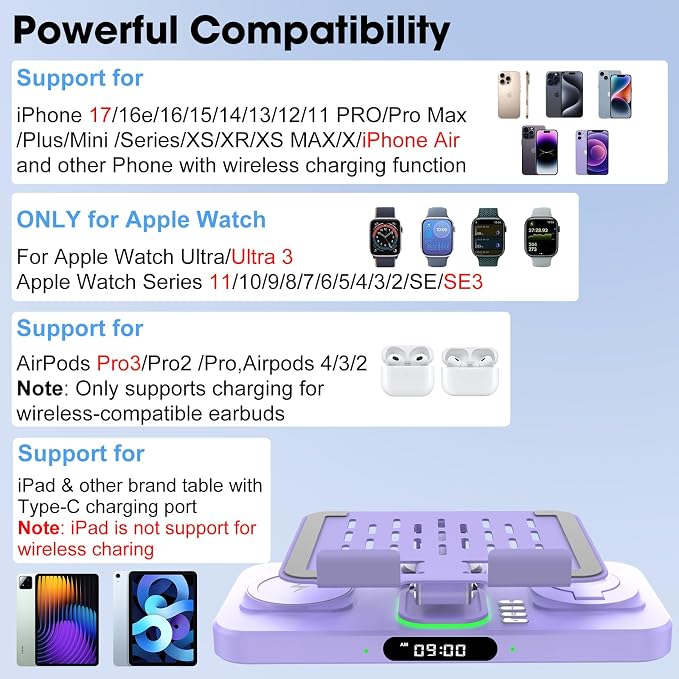 6 in 1 Wireless Charger for Apple Multiple Devices, Charging Station with Clock &7 Color Ambient Light, Foldable Rotate Stand for iPad, for iPhone17/16/15, Support for Apple Watch11/10 for AirPods4 - Image 4