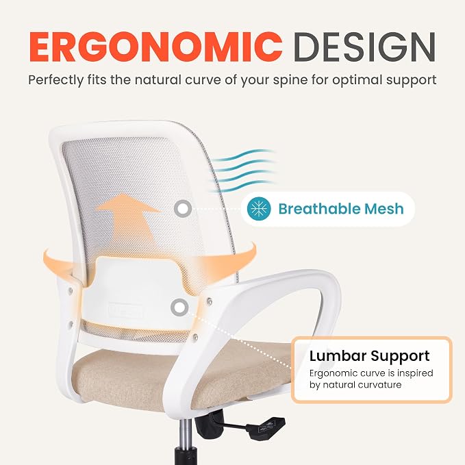 NEO CHAIR Home Office Desk Chair Ergonomic Mesh with Lumbar Support, Beige | Comfortable Mesh Support, Adjustable Height, 360° Swivel and Smooth Casters Designed for Long Hours of Work or Study - Image 3