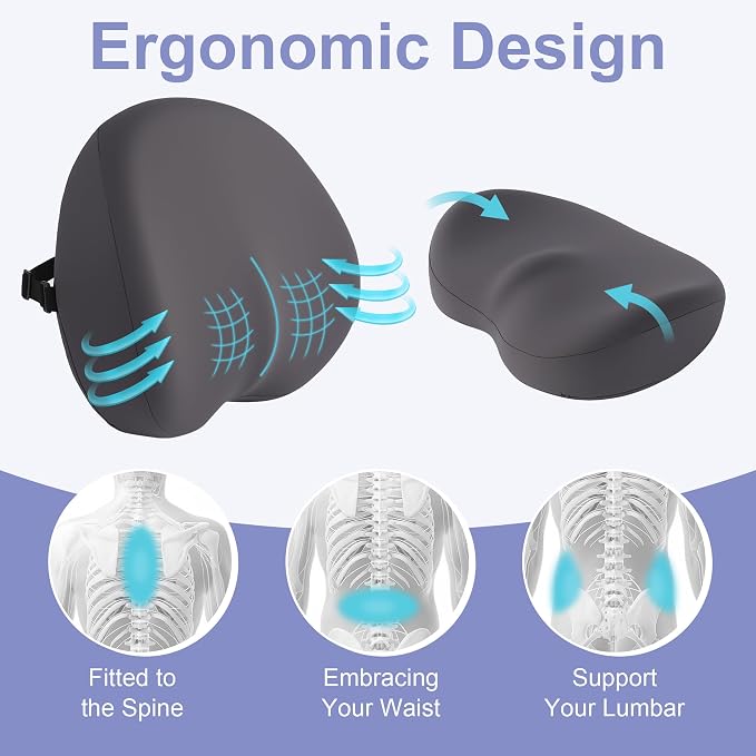 HOMBYS Ergonomic Lumbar Support Pillow for Recliner, Memory Foam Back Support for Recliner Chairs with Silky Cooling Cover, Washable & Orthopedic Design for Lower Back Pain Relief (Grey) - Image 2