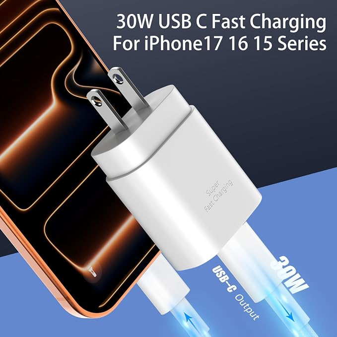 Phone 16 15 Charger Fast Charging,30W Type C Chargers USB C Charge Block with 2 Pack 10FT USB C Cable Nylon Braided for Phones 16/16 Plus/16 Pro/16 Pro Max/Phone 15/15 Pro Max/Pad Pro/AirPods,White - Image 2