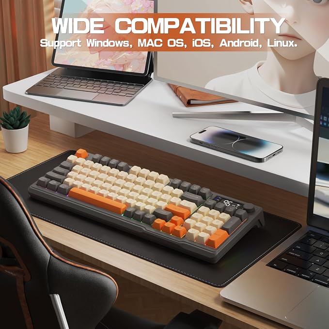 LexonElec M96 Wireless Gaming Keyboard,Knob Control Bluetooth/2.4G Wireless Mechanical Feeling Keyboard,RGB LED Backlit with Display Screen, PBT Keycap,3000mAh, 94-Key Layout for Win/Mac (Shimmer) - Image 9