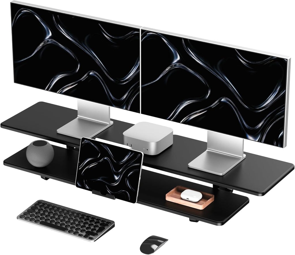 Dual Monitor Stand Riser, 2-Tier Wooden Desk Shelf with Storage, Black by TRIN&AUSAN