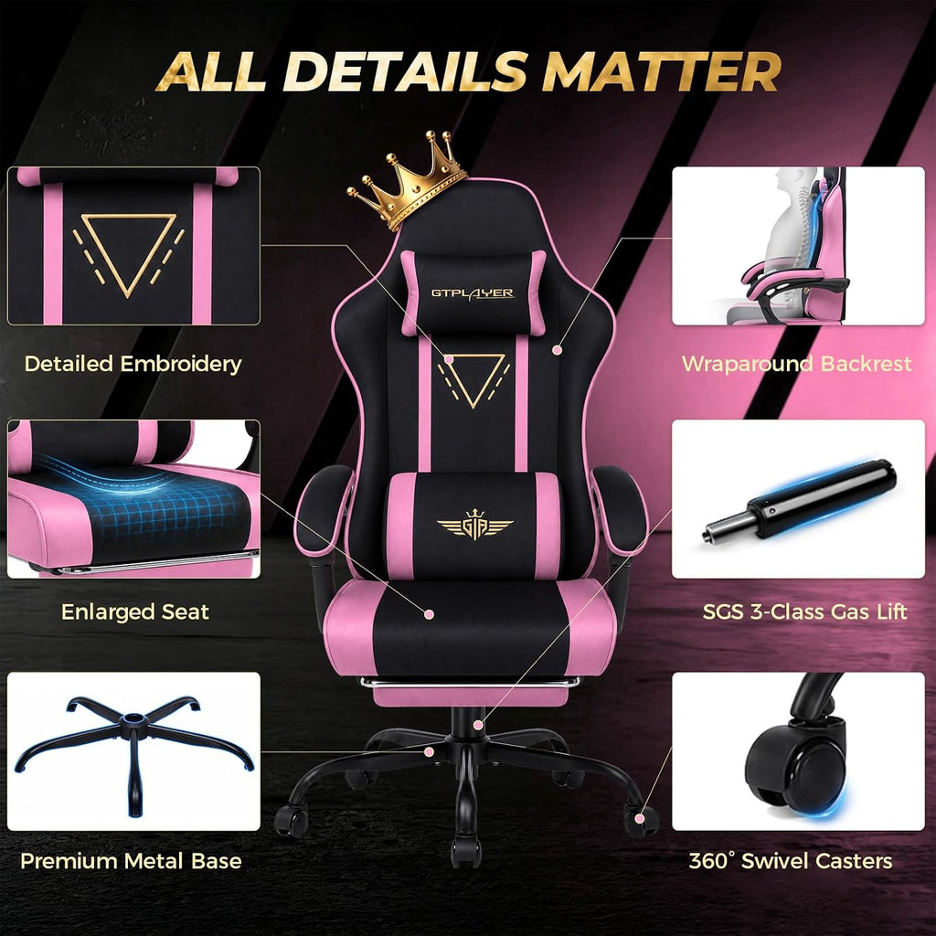 GTPLAYER Video Gaming Chair Fabric, Ergonomic Computer Chair with Footrest and Pocket Spring Cushion, Height Adjustable Video Gamer Chair with Lumbar Support for Adults, Pink - Image 4