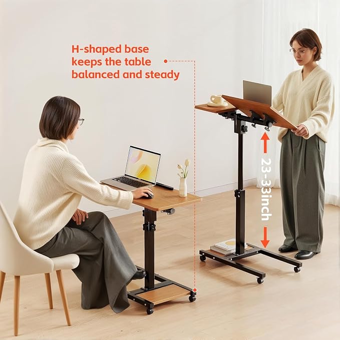 Laptop Desk Stand for Bed Portable Desk Overbed Bedside Mobile Laptop Table Rolling Foldable Table Adjustable Height with Locked Wheels & Mouse Pad for Office Sofa (Natural Color) - Image 5
