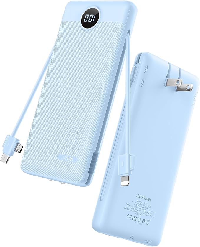 VRURC 10000mAh Portable Charger with Built-in Cables and AC Plug, Blue | 22.5W fast charge, LED display, Micro, USB-C and Phone cables, 4 outputs, 8 oz, airline approved by Home