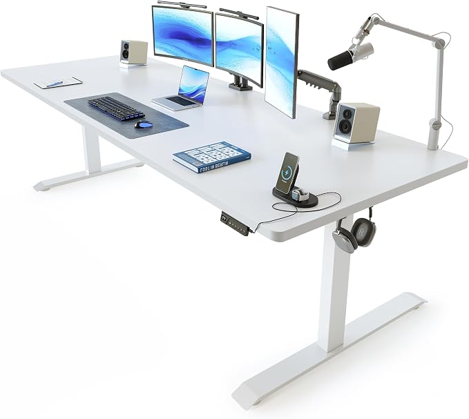 FEZIBO Standing Desk 83 × 37 Inch Electric Height Adjustable, White | 1" Thick Large Adjustable Desk with Integrated Dual-Beam, Cable Management, Computer Desk for Home Office Workstation by FEZIBO