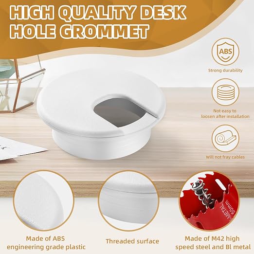 Desk Grommet 1.5 Inch (38 mm) 10 Pieces, Desk Hole Cover for Cables White, ABS Plastic Grommet Hole Cover with Hole Saw for Wires Cables Through The Countertop by XIOGZAXI - Image 3