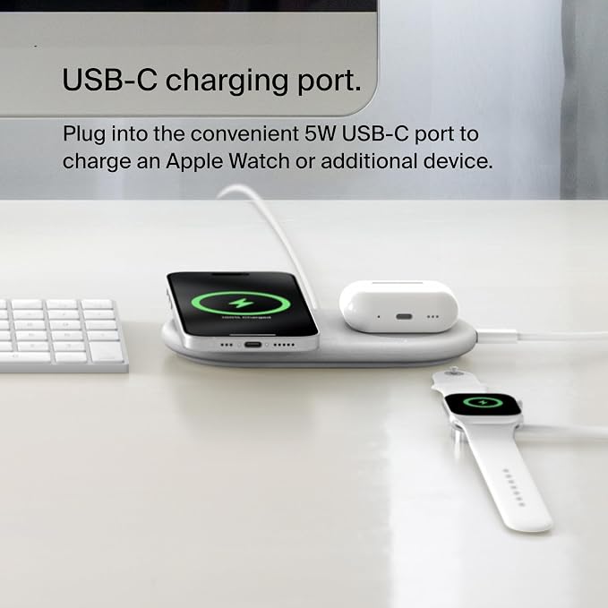 Belkin Qi2 15W 2 in 1 Wireless Charging Pad with USB-C Port | MagSafe compatible, iPhone 16/15 Series, Samsung Galaxy S25 Series, AirPods, extra USB-C port, Magnetic - Image 3