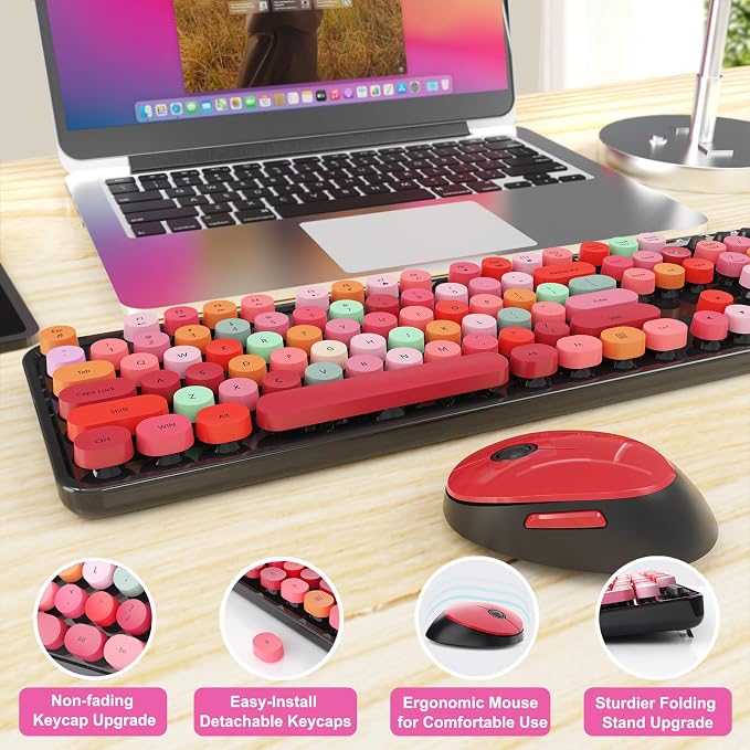 Wireless Keyboard and Mouse Combo, Ergonomic Full Size Typewriter Retro Round Keycaps Keyboard, Compatible with Windows, PC, Perfer for Home and Office Keyboards (Red - Image 6