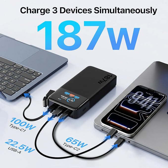 JUOVI 187W Portable Charger for Laptop Power Bank 25000mAh with USB-C Cable | TSA-Approved, App Control,Fast Charging Battery Pack for Laptop MacBook Dell XPS iPhone 17/16/15/14 Series Samsung and More - Image 3