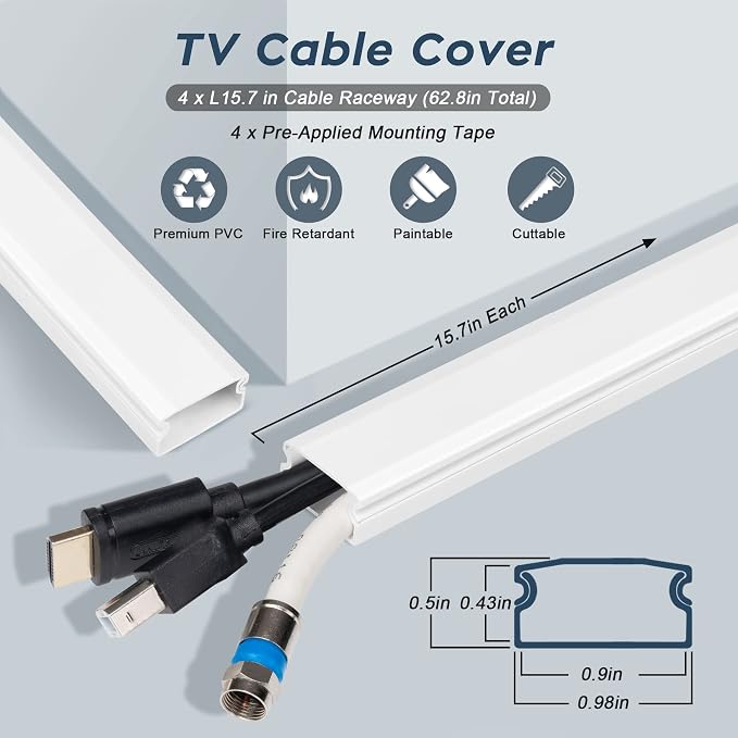 62.8in Black Cord Hider for TV on Wall, Paintable Cord Cover Wall Kit | Wire Cover for Wall, Cord Hiders for TV on Wall, Hide Cords Wall Mounted TV - Cord Concealer Cable Channel: W0.98in H0.5in - Image 2