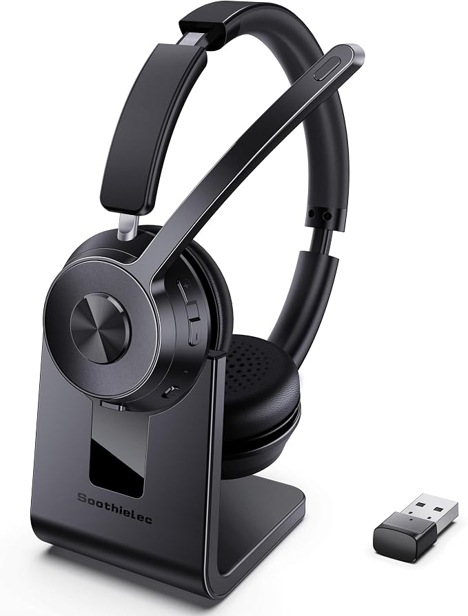 Wireless Headset with Mic for Work, Bluetooth Headset with Noise Cancelling | Headphones with Microphone Mute & USB Dongle for PC/Computer/Laptop/Cell Phones/Remote Work/Call Center (Black) by Soothielec