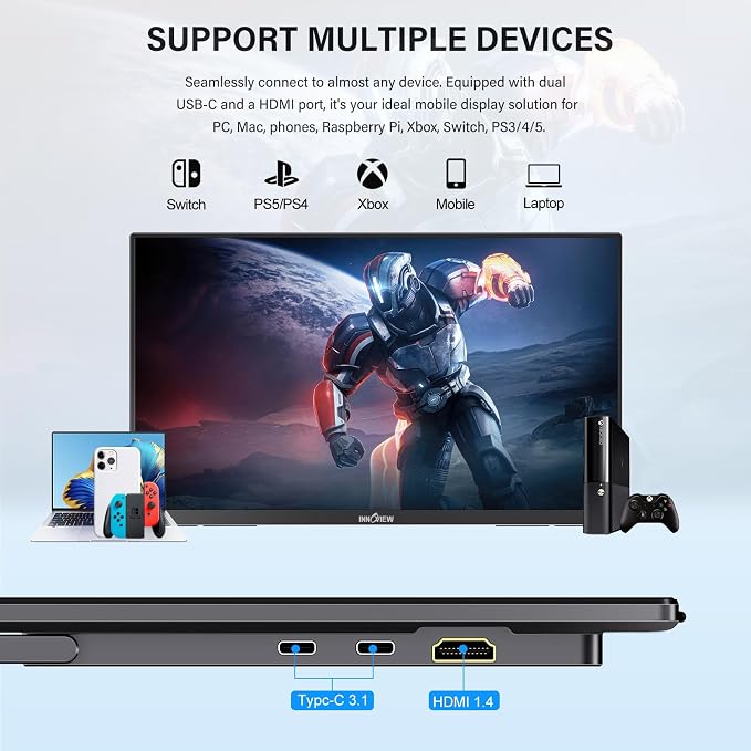 InnoView Large Portable Monitor 23.8inch FHD 1080P 144Hz USB-C, HDMI Computer Display HDR 100% sRGB IPS Gaming Monitor W/180°Adjustable DC Eyes Care Stand for Laptop PC MAC Phone PS4 Xbox Switch - Image 6