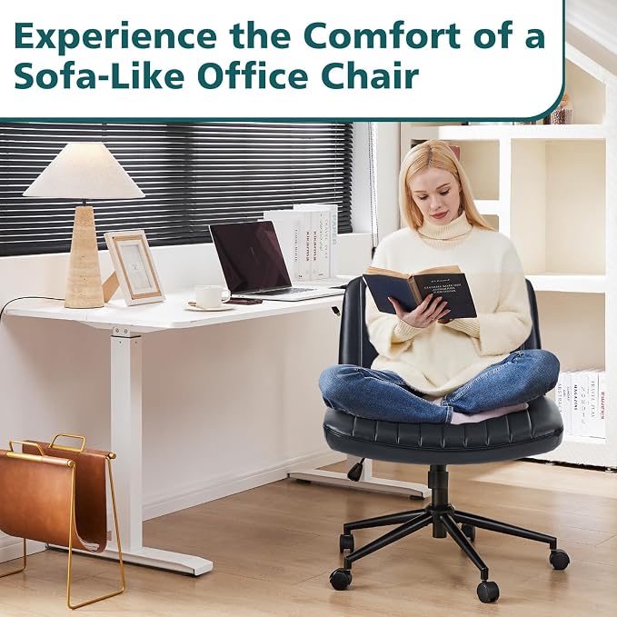 OLIXIS Criss Cross Chair with Wheels, Vanity Chair, Home Office Desk | Wide Seat Armless, Faux Leather, Height Adjustable Swivel Rolling, Home Computer Task Seating for Bedroom Study, Black PU - Image 3