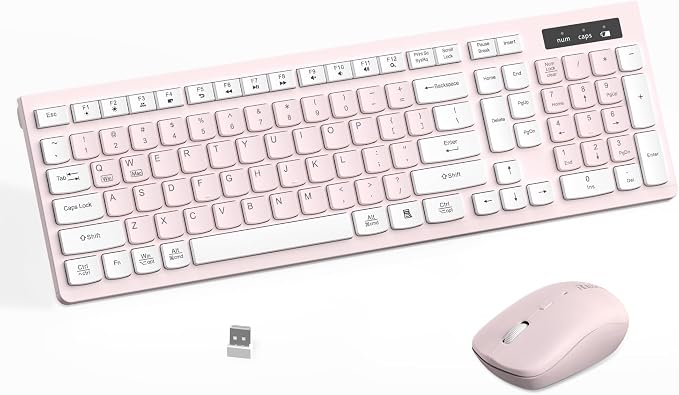 Wireless Keyboard and Mouse Combo, Reccazr 2.4G Full-Sized Keyboard and Mouse Cordless, 3 DPI Adjustable Mouse, Dual-System Keyboard for Computer/Laptop/Windows/Mac (Pink & White) | Silent 2.4G Full Size Cordless Keyboard with Tilt Legs,3-Level DPI Qui... by RECCAZR