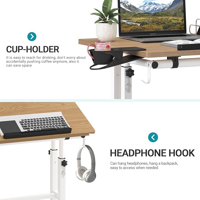 Small Standing Desk with Removable Cup Holder, Height Adjustable Mobile Laptop Stand on Wheels, Ergonomic Rolling Computer Workstation for Home Office, Portable Overbed Table for Couch & Bed, Khaki - Image 7