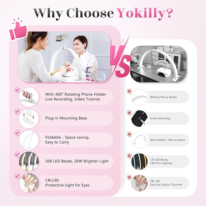Yokilly Half Moon Light for Nail Desk: 23" Foldable Nail Light for Desk | Arch Nail Tech Light with Phone Holder for Beginner - 3 Color Modes & 10 Brightness for Manicure Salon-White - Image 2
