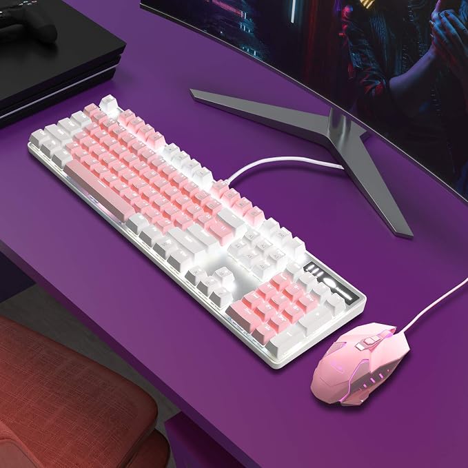 MageGee Mechanical Gaming Keyboard, New Upgraded Blue Switch 104 Keys White Backlit Keyboards, USB Wired Mechanical Computer Keyboard for Laptop, Desktop, PC Gamers(White & Pink) - Image 8