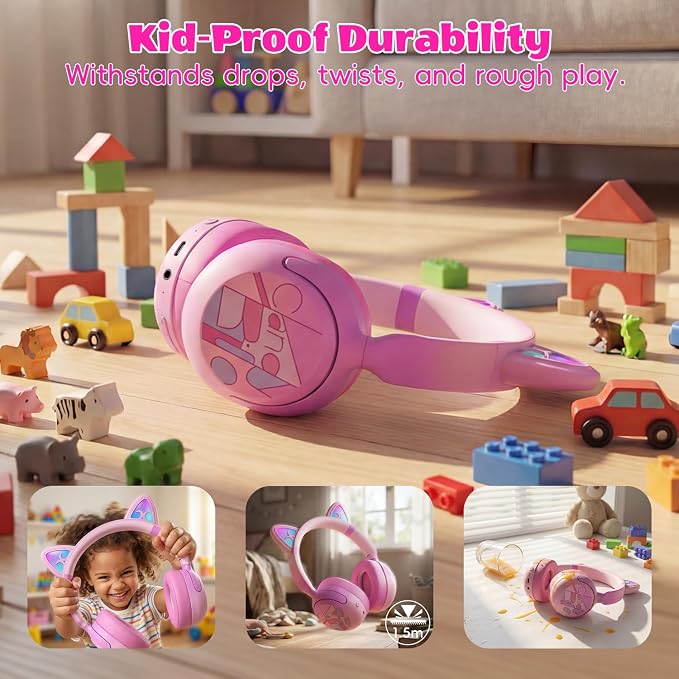 Candy Bila Kids Bluetooth Headphones, Active Noise Cancelling, 85dB Limit | LED cat ear, 40H playtime, Bluetooth 6.0, Fast charging, AUX Cable, Stereo Sound, Built-in mic for iPad Tablets Travel - Image 8