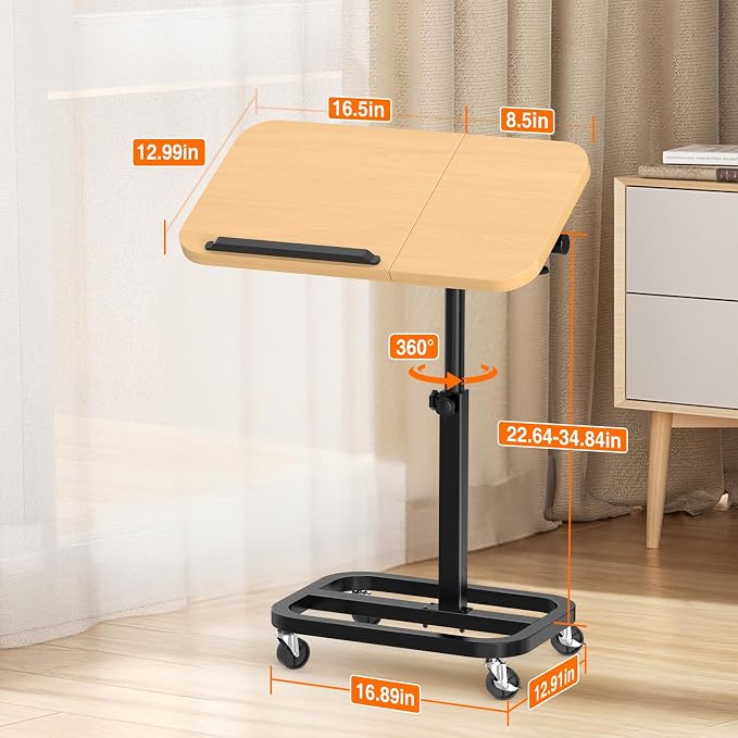 Portable Rolling Over Bed Laptop Desk, Adjustable Height and Tilt for Home | Alentar Large-Size Mobile Laptop Stand for Bed, Sofa TV Tray with Wheels, Sturdy Welded Metal Frame, Wood, 25” x 12.99” - Image 5