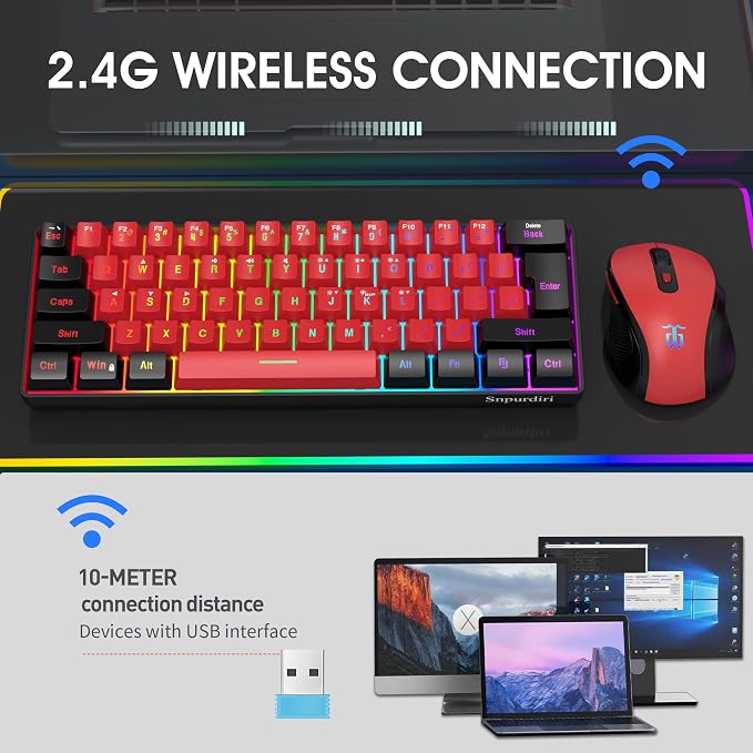 Snpurdiri 2.4G 60% Wireless Gaming Keyboard and Mouse Combo (Black and Red) | Small Wireless Gaming Keyboard and Ergonomic Vertical Feel Small Mouse - Image 2