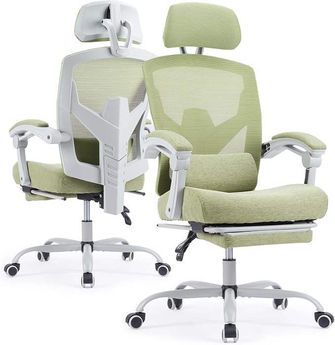 Ergonomic Office Chair with Footrest, Computer Gaming Chair | Adjustable Headrest, Lumbar Support, Swivel Reclining, Padded Armrest, Mesh High Back, Home Desk Work Study, Green by HAPPYMONTLLC