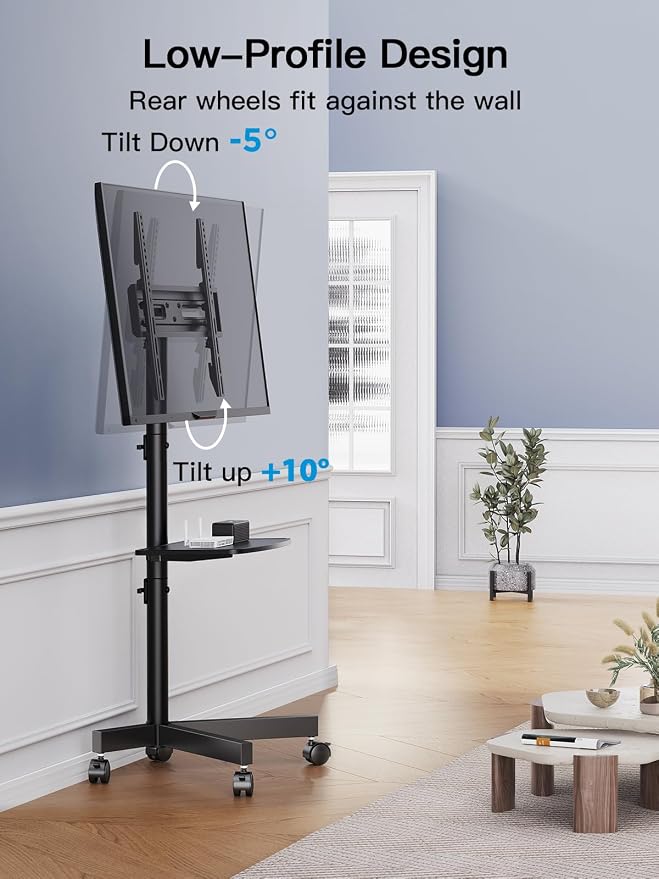 PERLESMITH Rolling TV Stand on Wheels for 23-65 Inch TVs,Tilt Mobile TV Cart Holds up to 99 lbs with Adjustable Height Shelf, Outdoor TV Stand for Bedroom Max VESA 400x400mm PSTVMC04 - Image 3