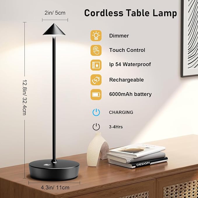 Set of 2 Cordless Rechargeable Led Table Lamp Battery Operated Light Black | 6000mAh Desk Lamp Touch 3 Color Dimming Portable Outdoor Waterproof Table Light for Patio/Restaurant/Dining/Home - Image 2