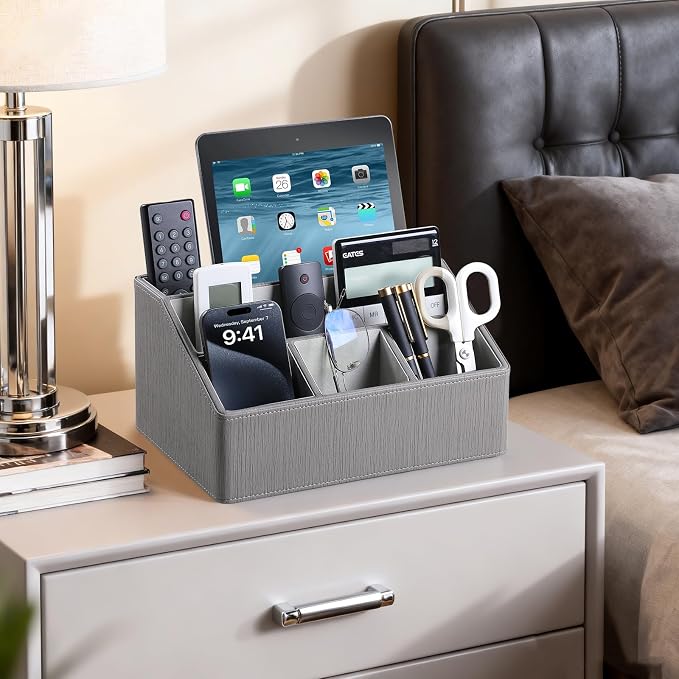PU Leather Desk Organizer, Remote Control Holder, Grey | Luxury Nightstand Organizer for Home, Office Desk Accessories, Bedside Table Caddy with 5 Compartments, Velvet Lining - Image 6