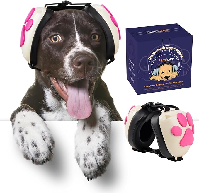 Dog Ear Muffs Noise Protection - 32dB NRR Noise Cancelling Headphones | Upgraded Calming Earmuffs for Hearing Protection, Thunder, Fireworks & Hunting with Dog Paw Design (XS, White-Pink) by BestDogEarmuffs
