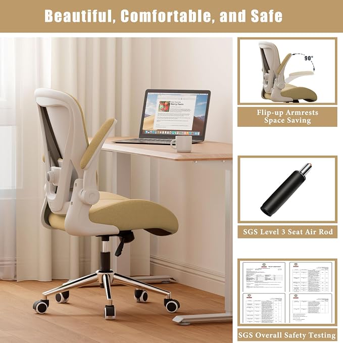 Kahki Ergonomic Office Desk Chair, Soft Fabric Thickened Curved seat Cushion with Adjustable Lumbar Support, Perfect Blend of Comfort and Good Looks, Ideal Chair for Home or Office, Khaki - Image 5