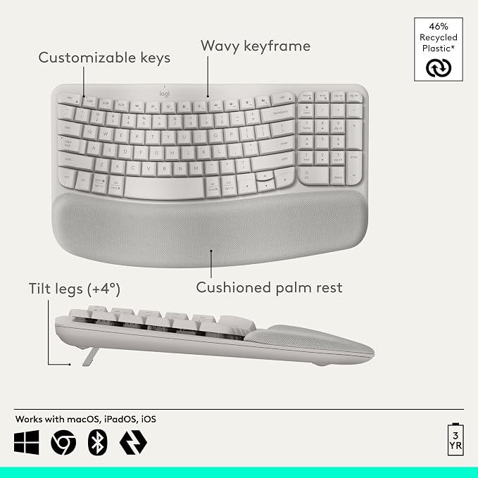 Logitech Wave Keys Wireless Ergonomic Keyboard with Cushioned Palm - Sand | Cushioned palm rest, comfortable natural typing, Easy-Switch, Logi Bolt receiver included, for Multi-OS, Windows/Mac - Image 6