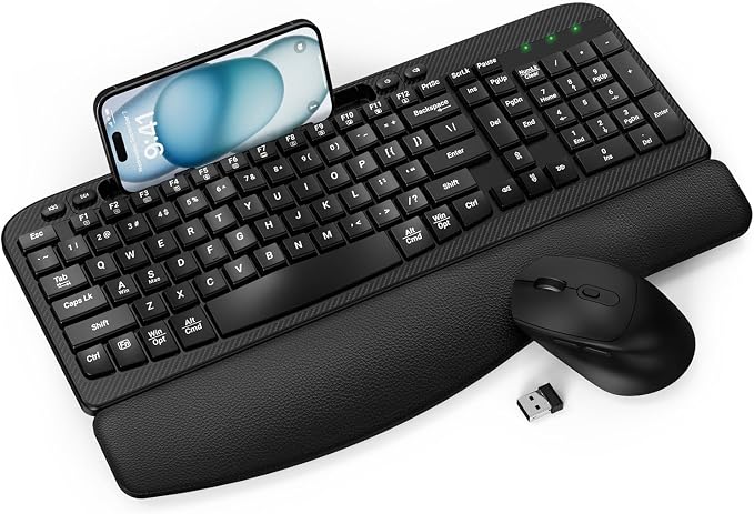 Wireless Keyboard and Mouse Combo, Full-Sized Ergonomic Wave Keys Keyboard with Memory Foam Wrist Rest & Phone Holder, 2.4G Quiet Keyboard Mouse Work Setup for PC Laptop, Office or Home (Black) by Unknown